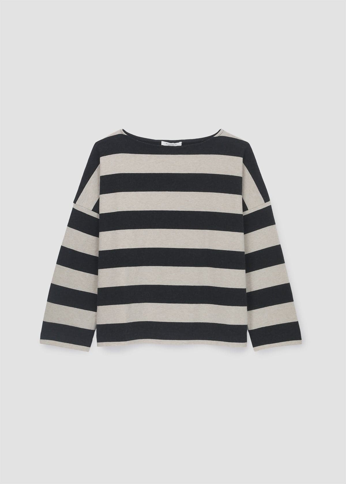 Leia-Sue Organic Cotton Stripe Jersey Top in Charcoal & Ecru Marl Stripe