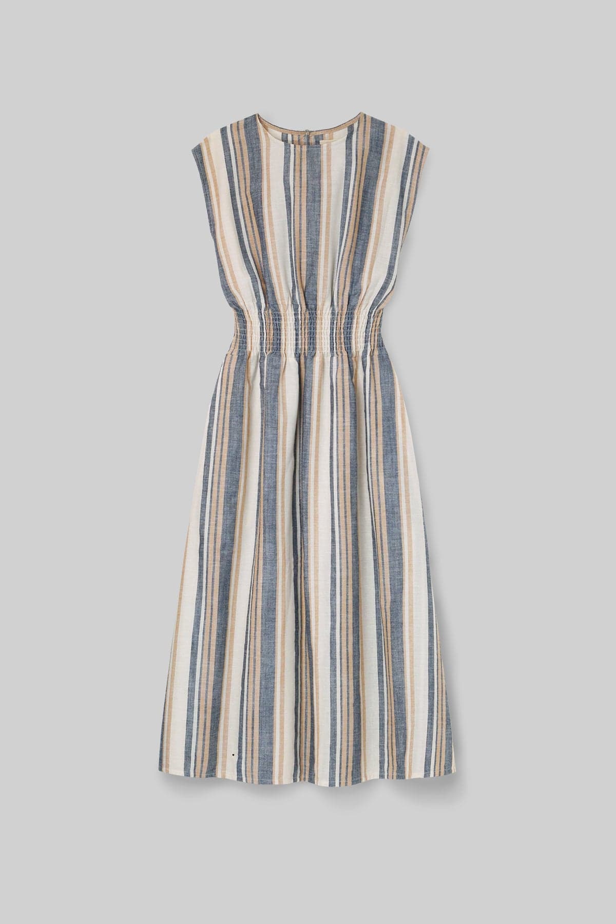 Ottillie-Sue Organic Cotton Woven Dress in Beige Multi Stripe