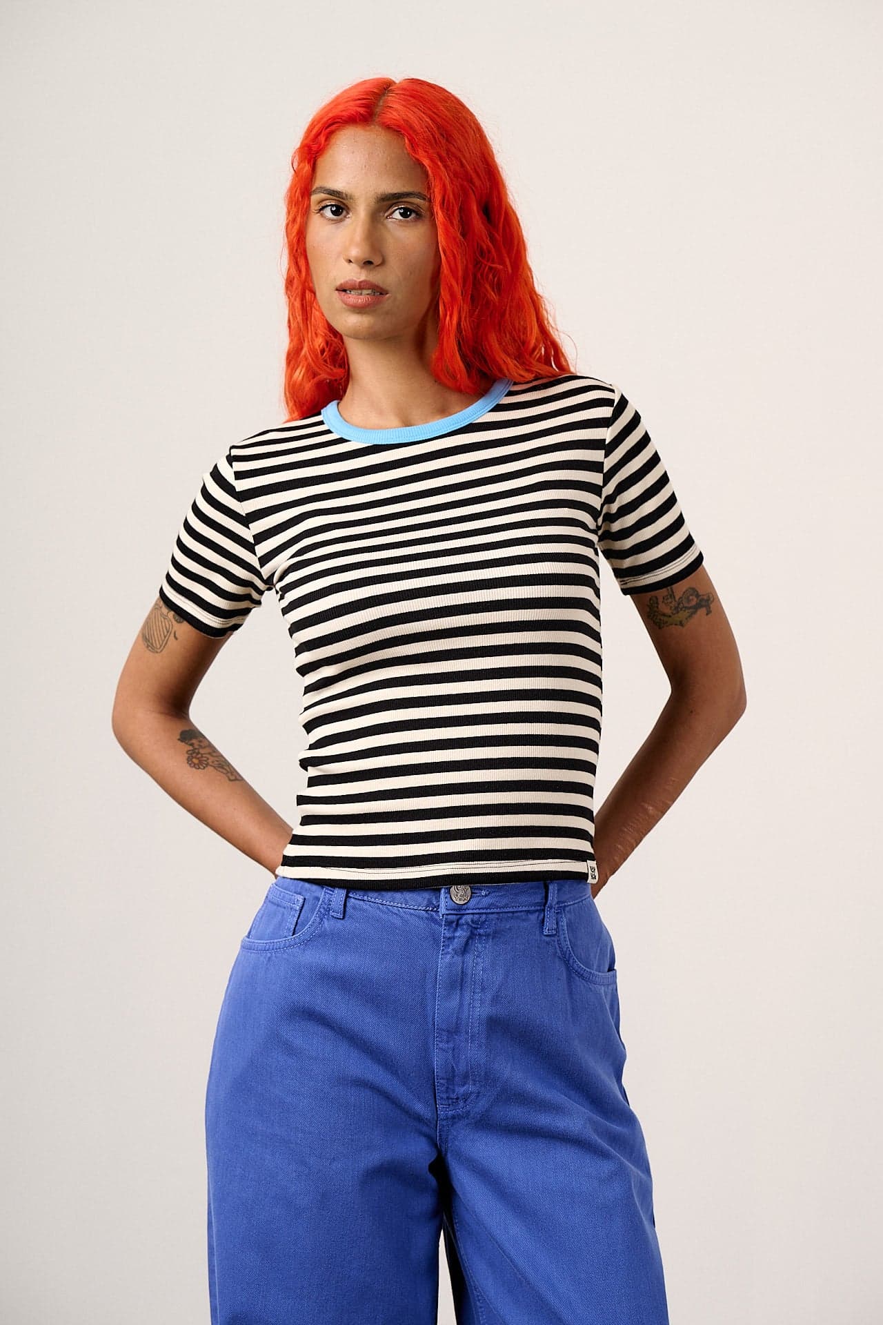 Gracie - Cotton T-Shirt in Black & White Stripe