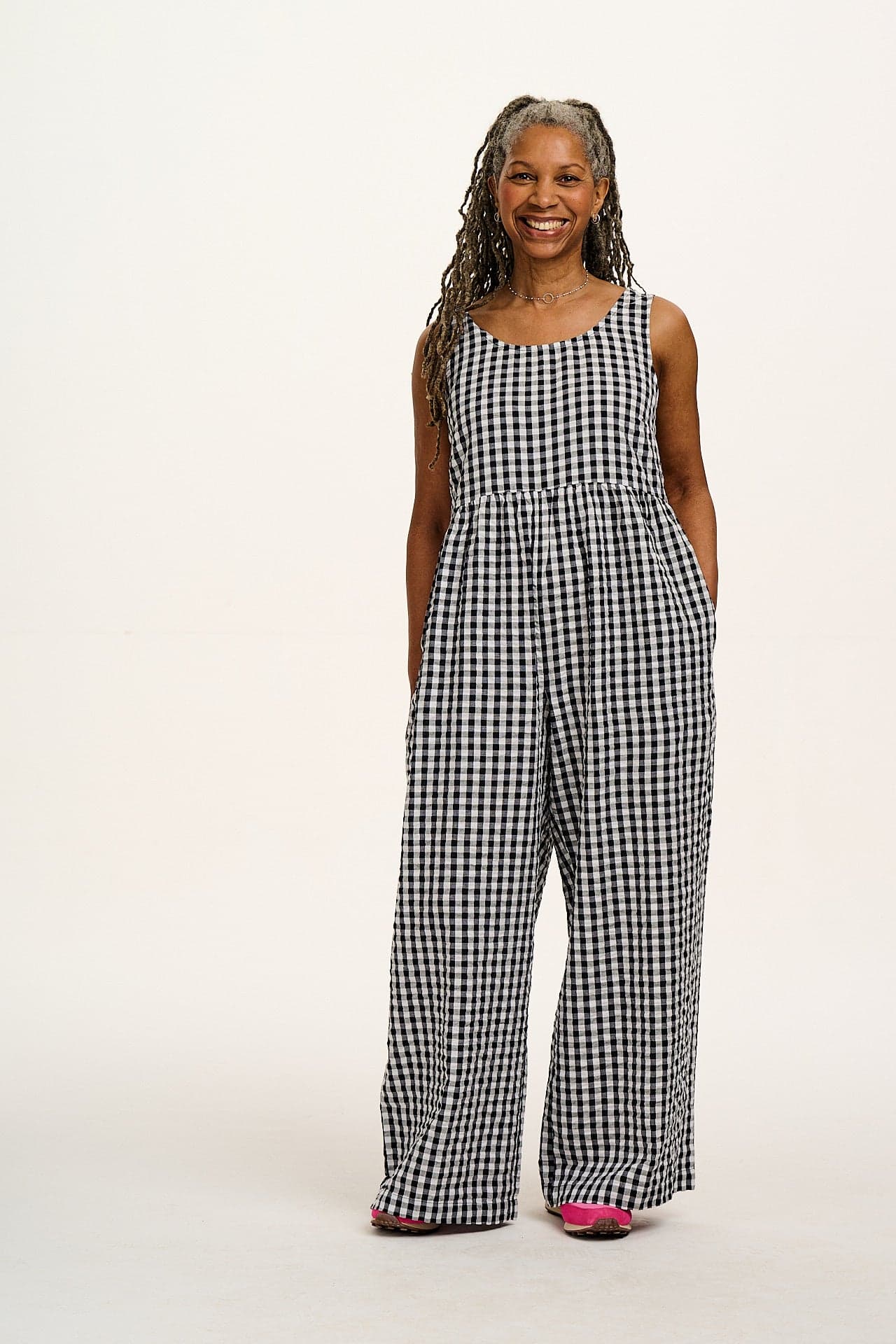Bellamy - Wide Leg Cotton Jumpsuit in Black & White Gingham