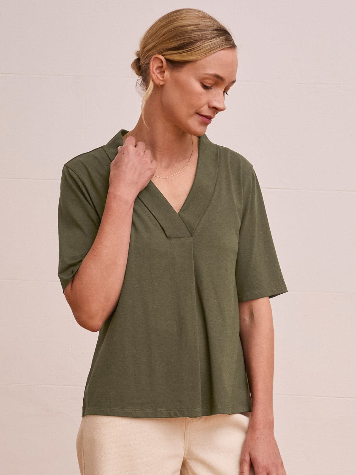 Organic Cotton Blend Shawl Neck Swing T Shirt