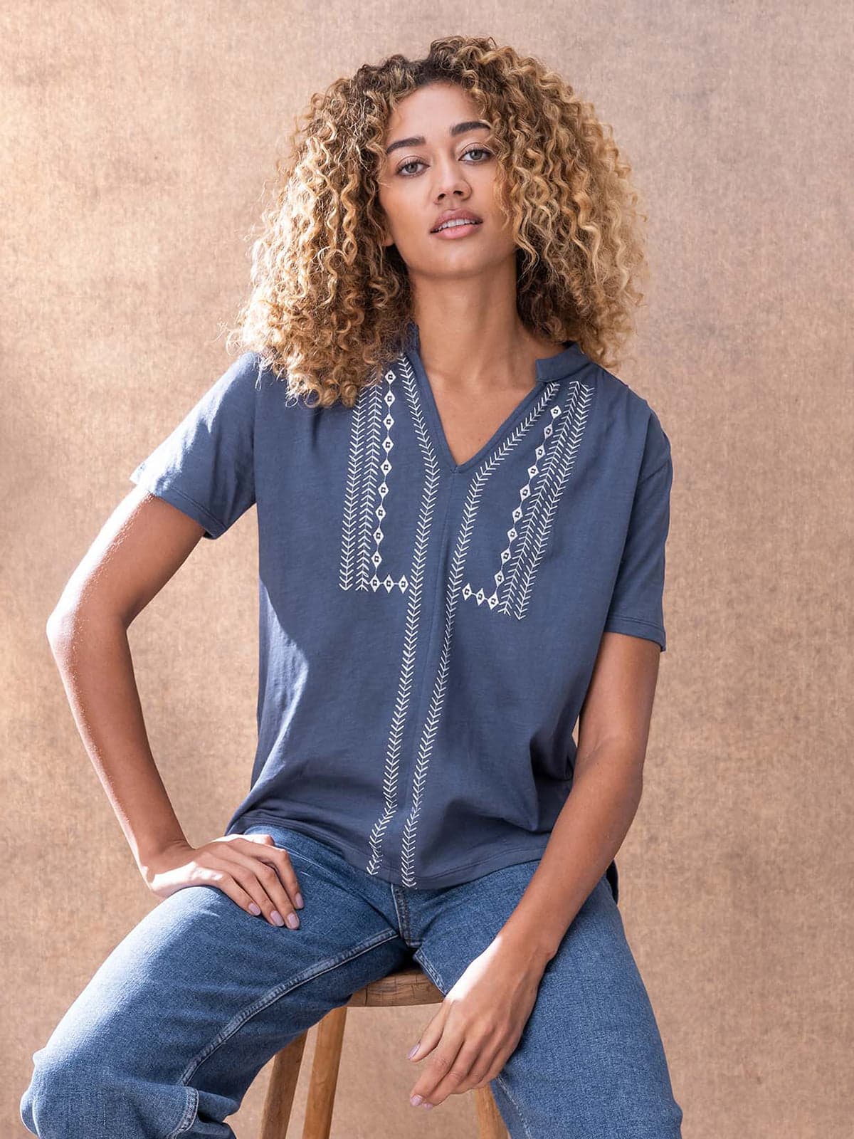 Organic Cotton Embroidered Notch Neck Jersey Top