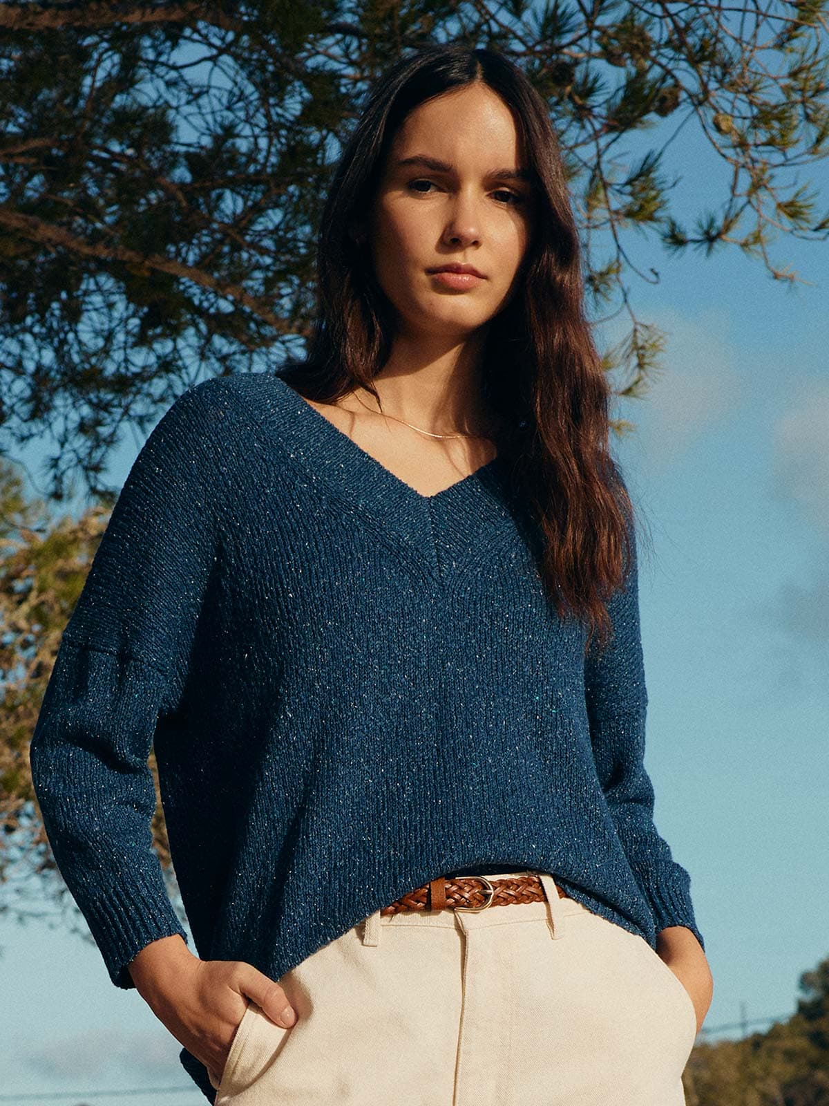 Flecked Cotton Silk Blend V Neck Jumper