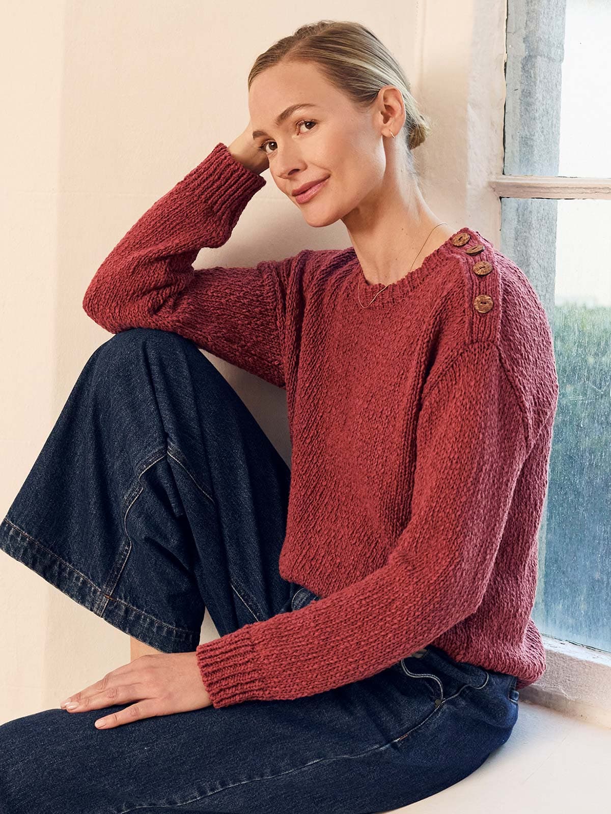 Linen Blend Slub Knit Button Detail Jumper