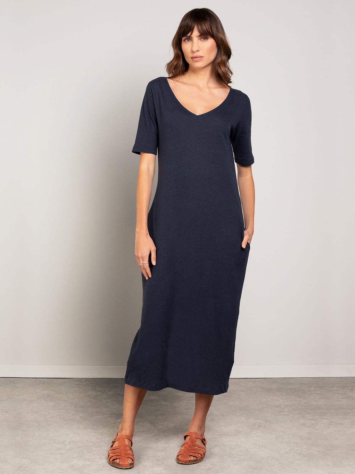 Linen Blend V Neck Midi Dress