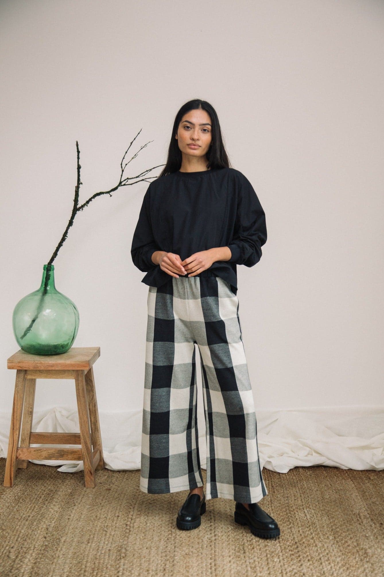 Thorne-Cay Organic Cotton Knitted Check Trouser in Black and Ecru