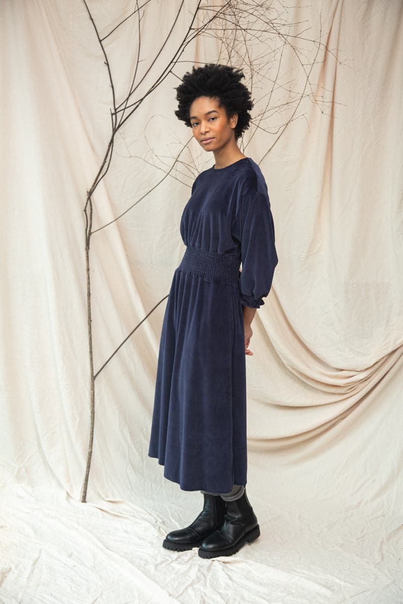 Alena Organic Cotton Velour Dress in Night Sky Navy