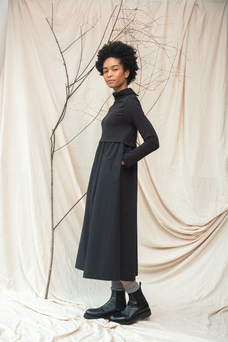 Birch Organic Cotton Jersey and Poplin Dress in Black