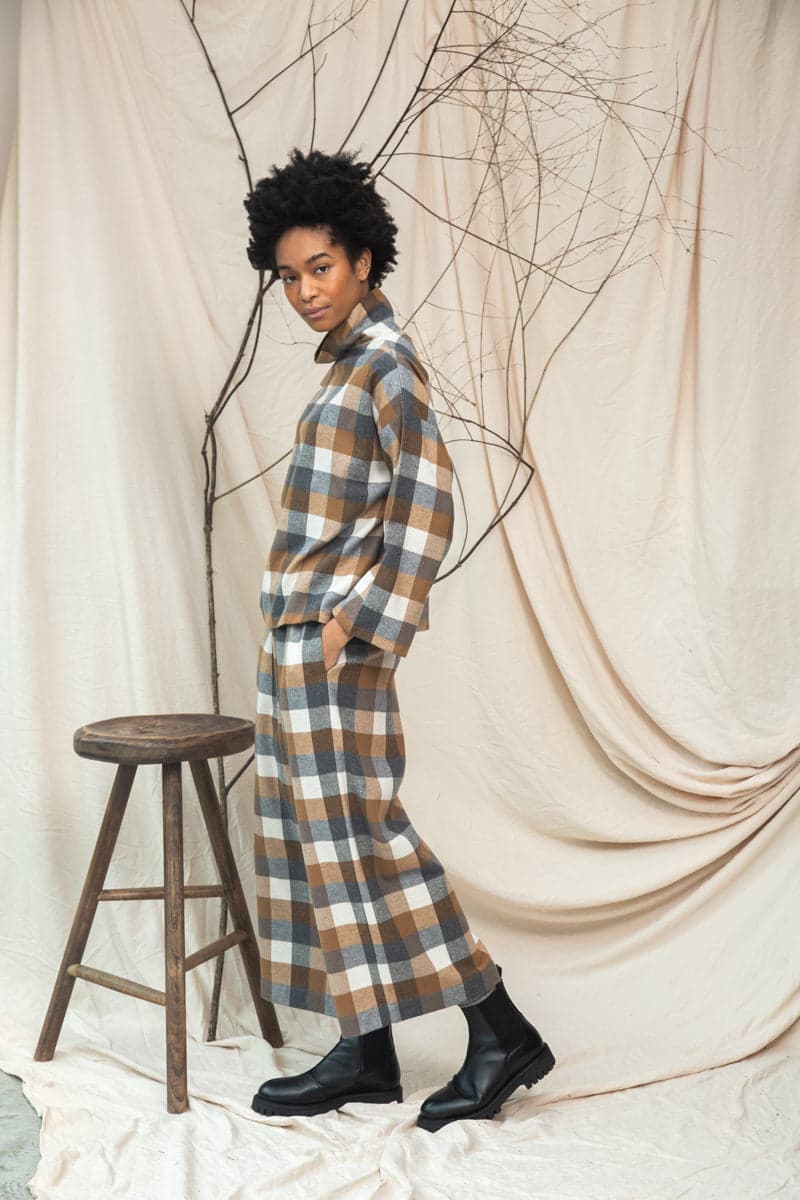 Evora-Cay Recycled Cotton Blend Brushed Twill Check Trousers in Tan Check
