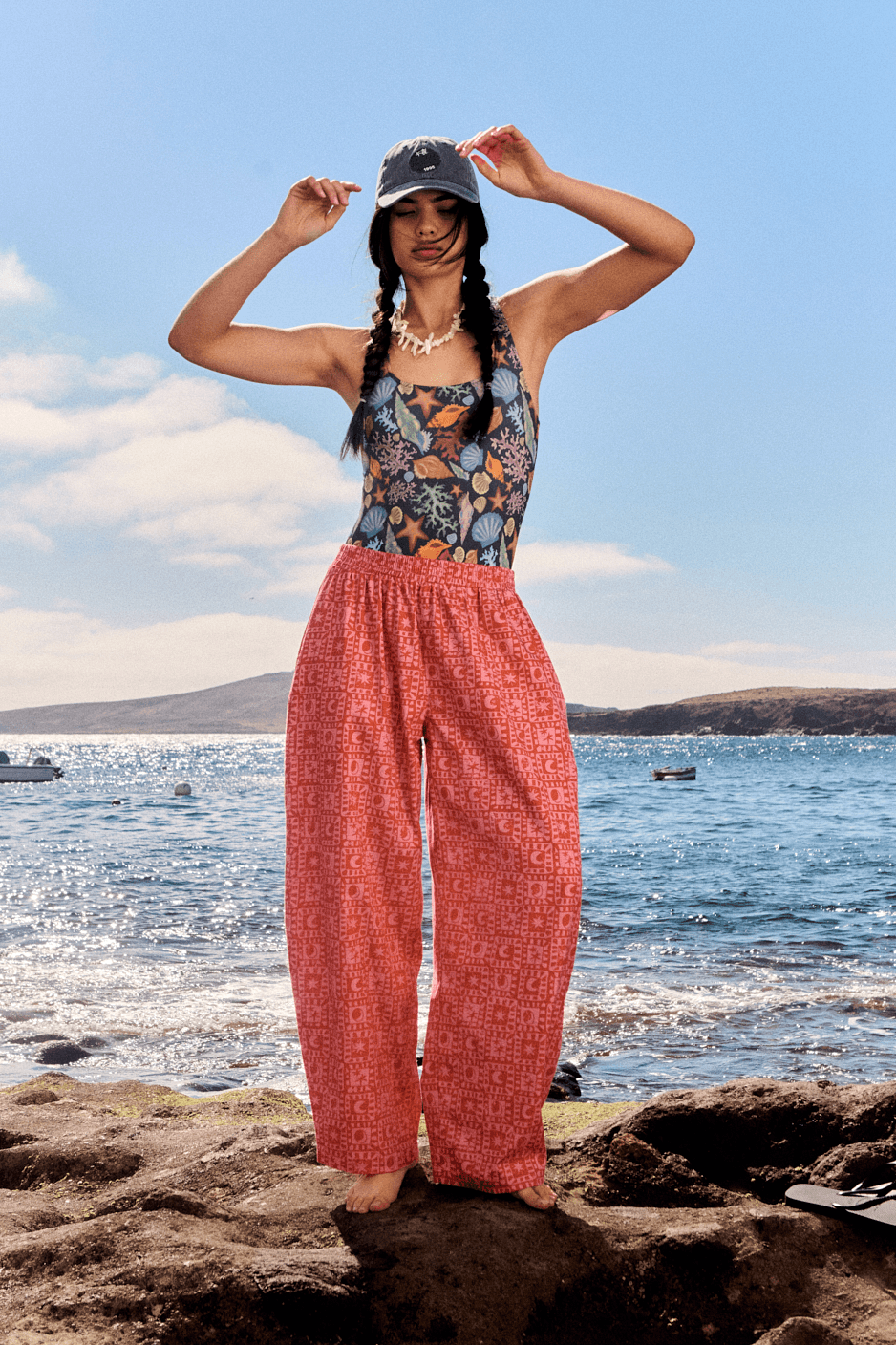 Freddie - Barrel Leg Cotton Trousers in Pink & Red Lunar Checkerboard