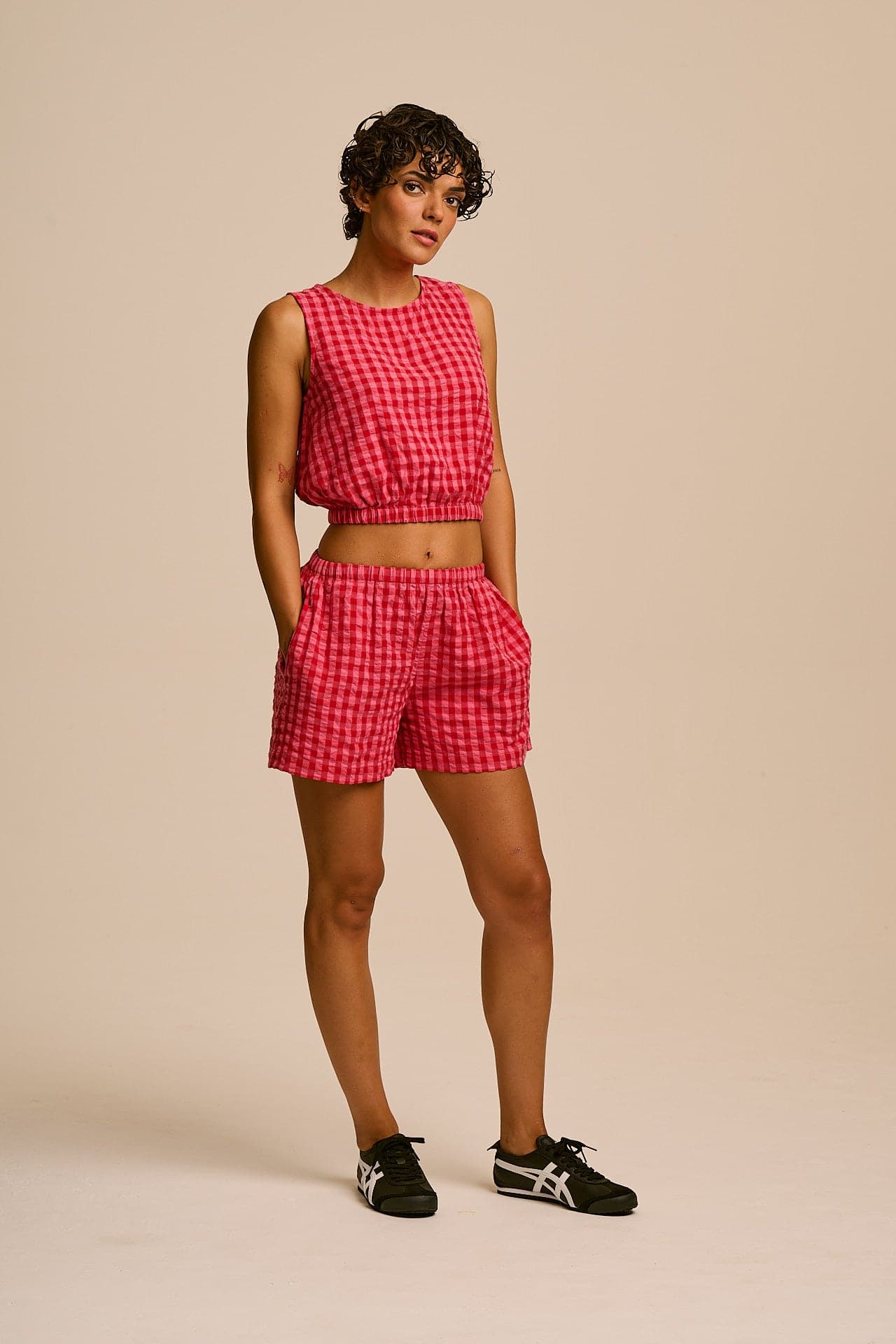 Popan - Cotton Shorts in Pink & Red Check