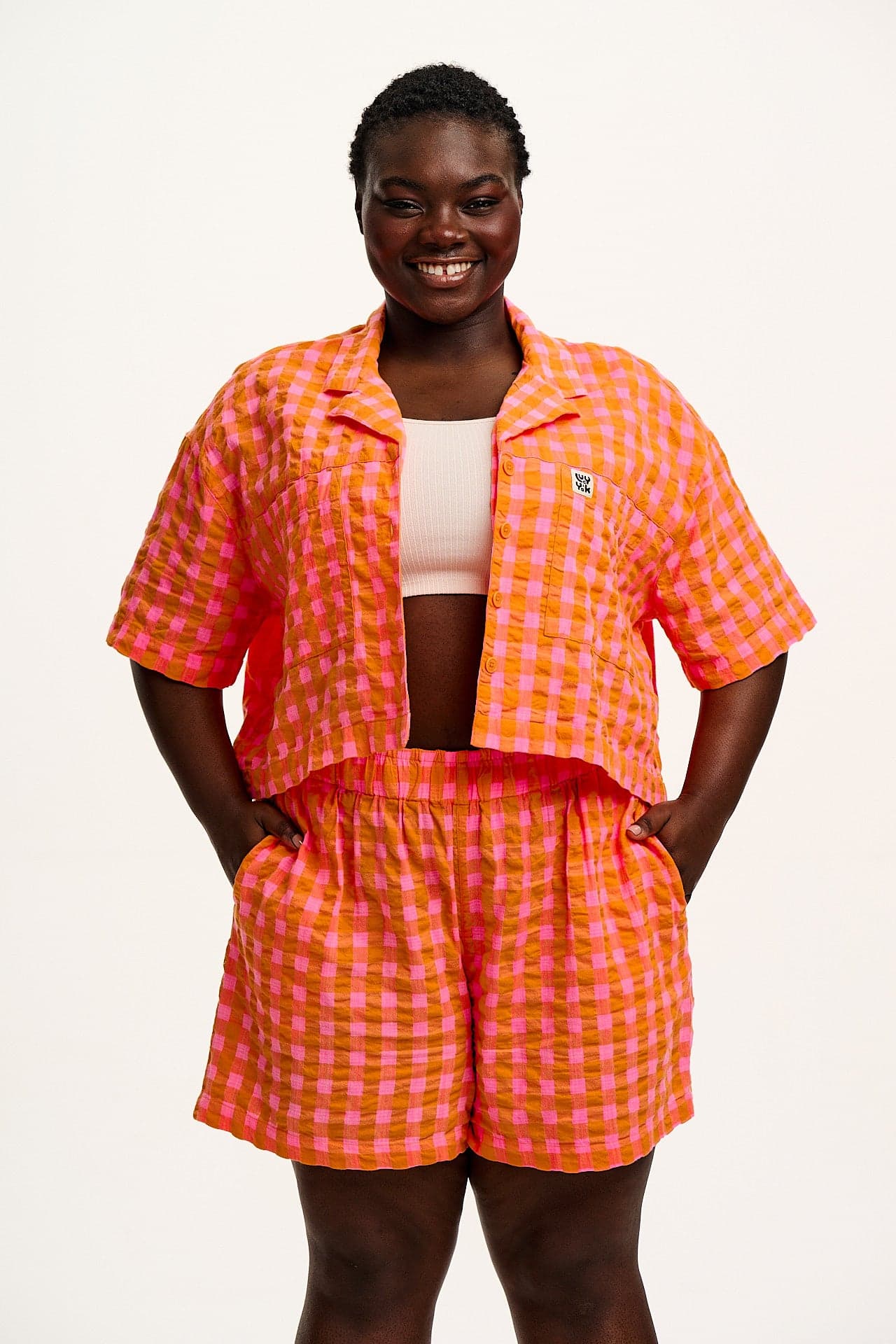 Alfie - Cotton Seersucker Shirt in Pink & Orange Gingham