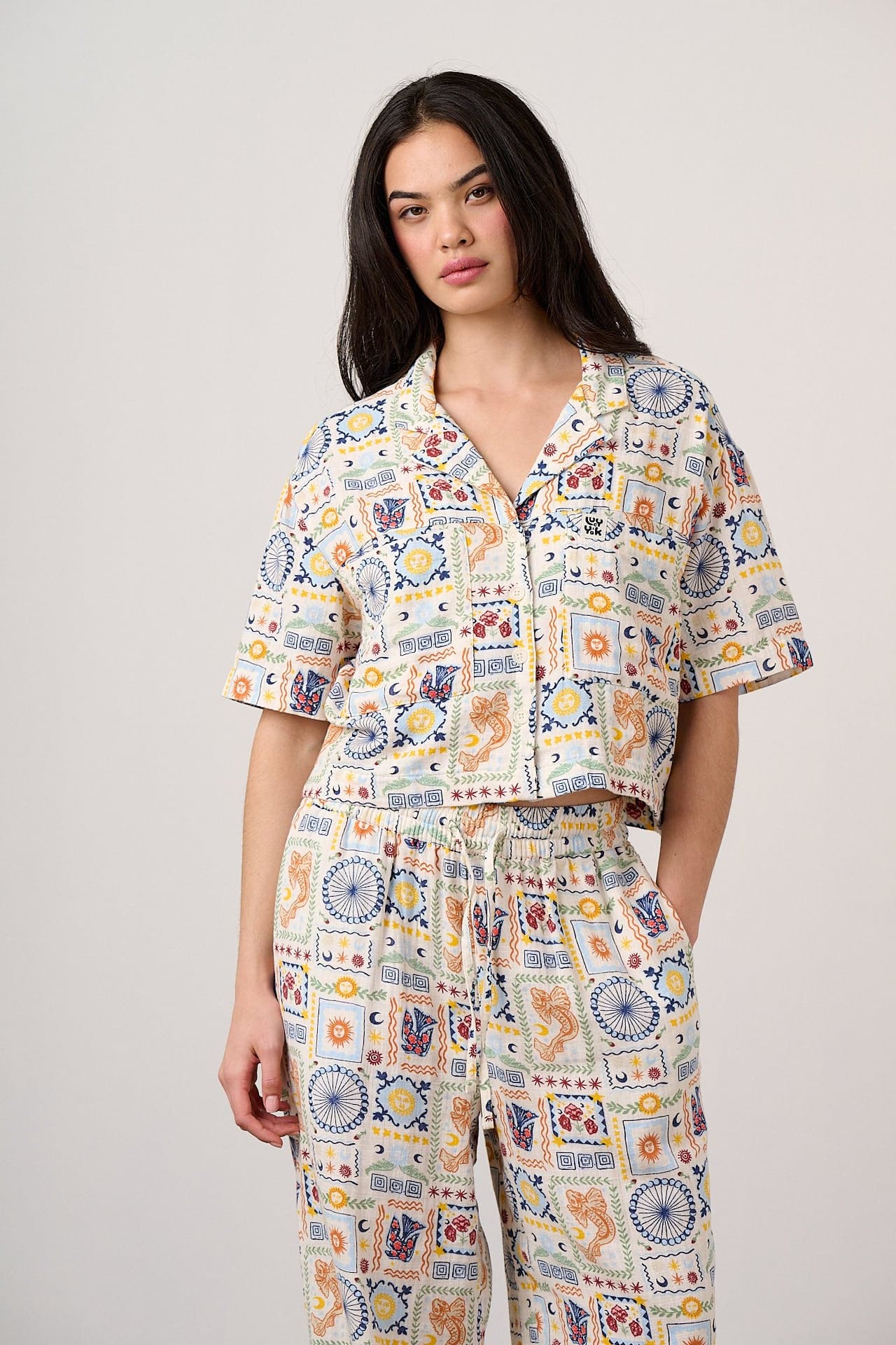 Alfie - Cotton Shirt in Ecru Cosmic Folk Tile